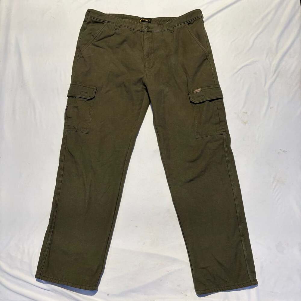 Stanley Fleece Lined Cargo Pants Mens 36x34 Olive Green Canvas Workwear Pants